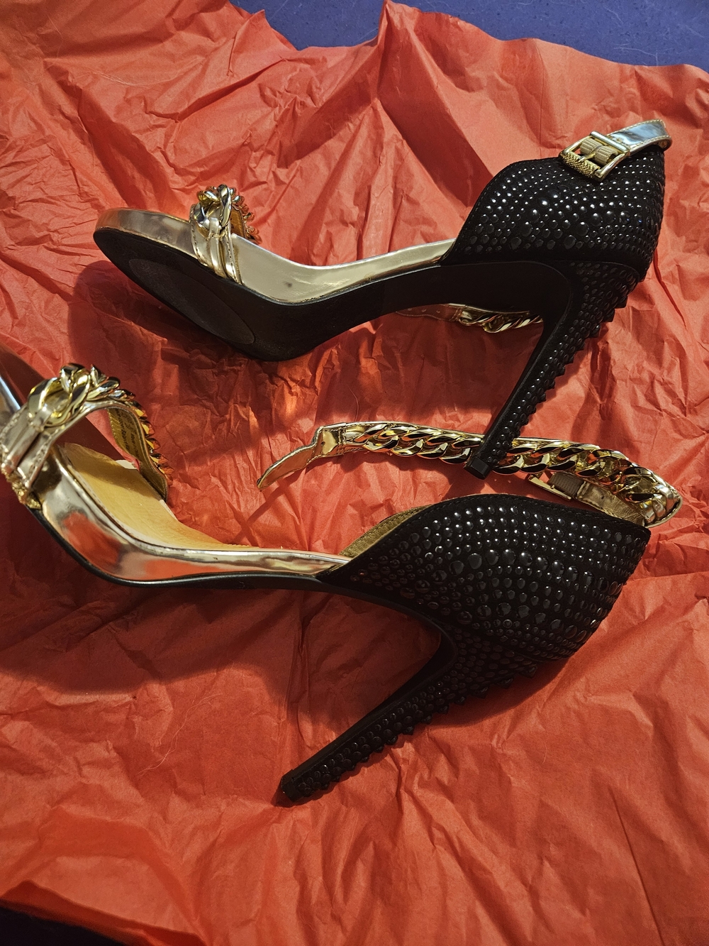 Fergie Black Rhinestone Heels with Gold Chain Accents